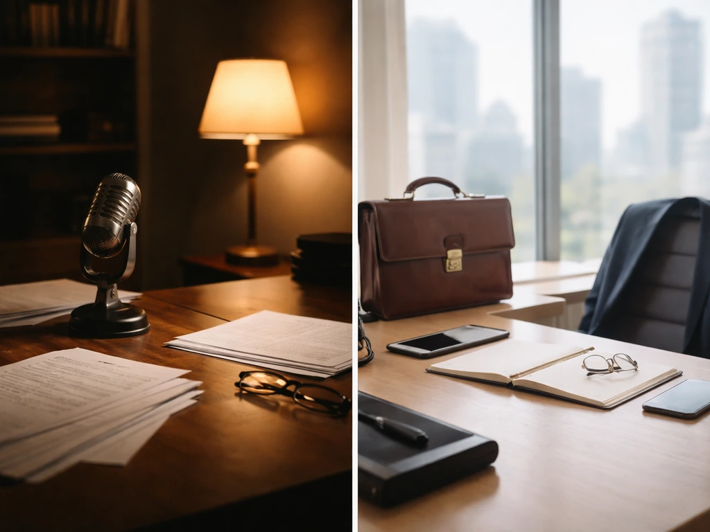 Minimal split scene suggesting a TV character vs actor: moody office desk with microphone, warm city lights, no faces.
