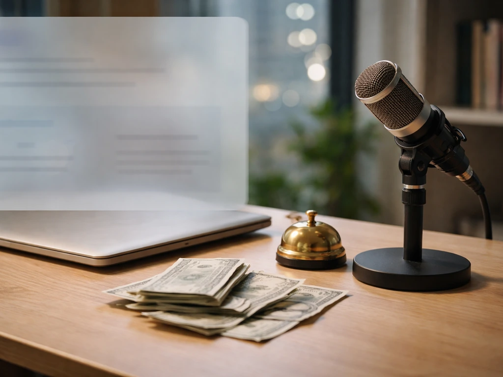 Minimal desk scene with microphone and money, symbolic of net-worth analysis with a non-text disclaimer overlay.
