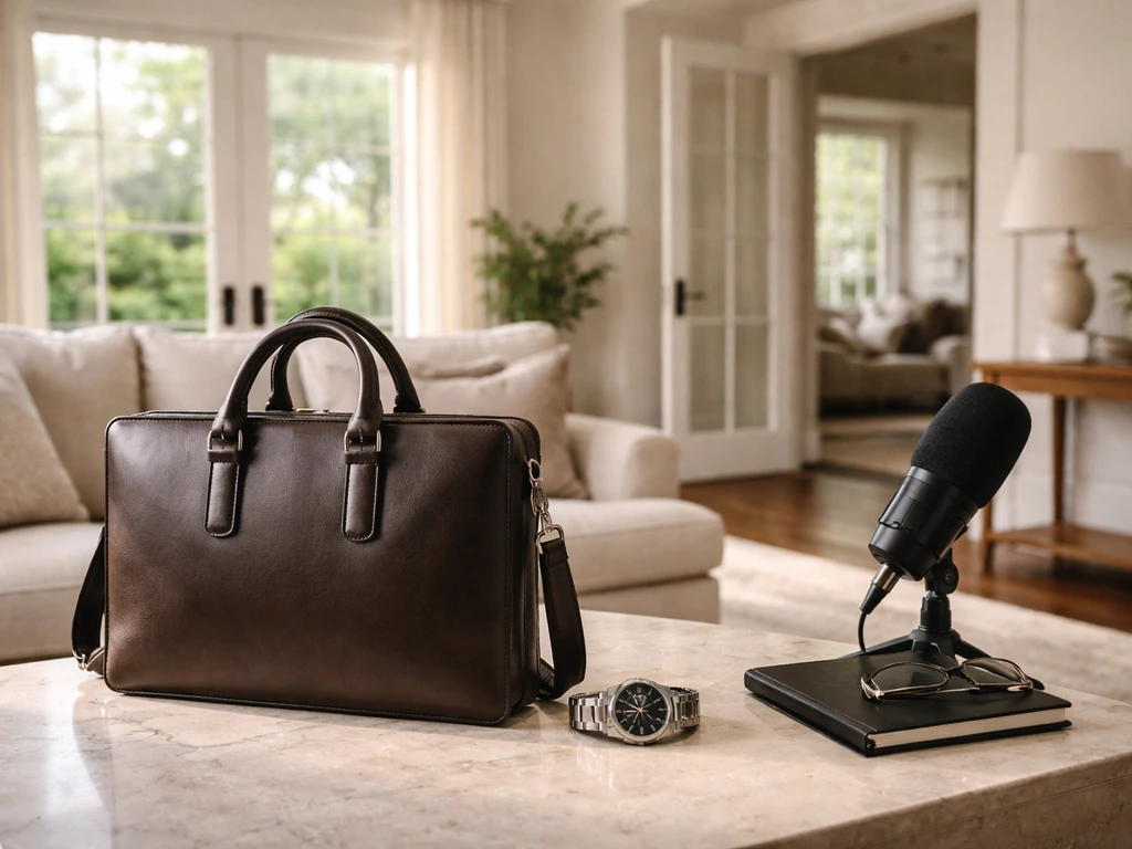 Sunlit suburban living room with luxury briefcase, watch, and studio microphone on a side table.