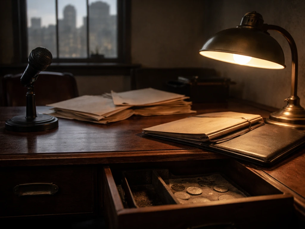Vintage desk with microphone, folders, and coins under warm light, evoking documentary investigation of mob wealth.