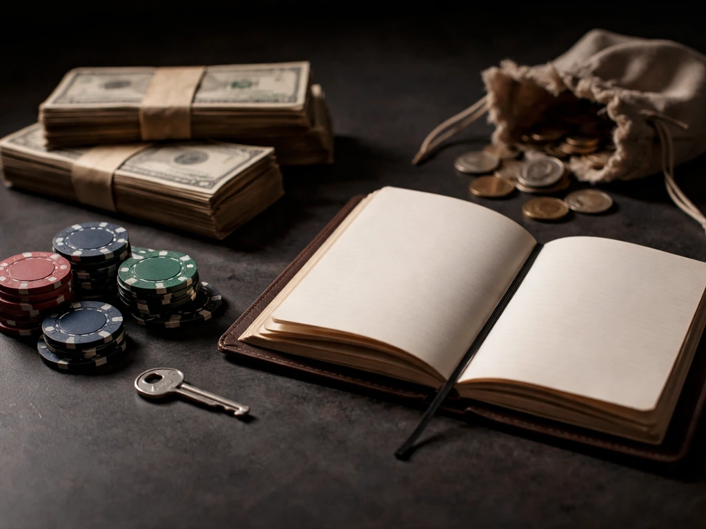 Tabletop with roulette chips, cash bundles, and an open blank ledger-style notebook, suggesting illicit wealth.