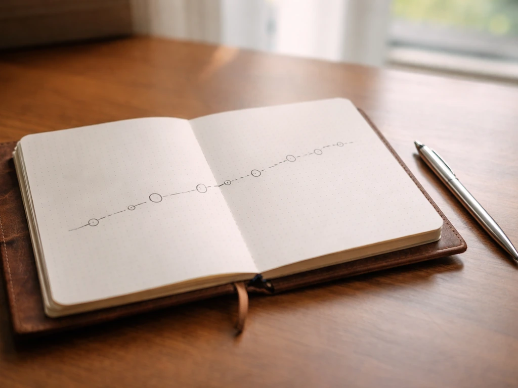 Minimal photo of a worn notebook with a timeline-like path of dates represented by small blank circles