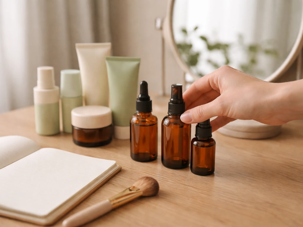 Mo Constantine lookalike-free scene: a minimalist cosmetics studio with Lush-like bottles and a notebook