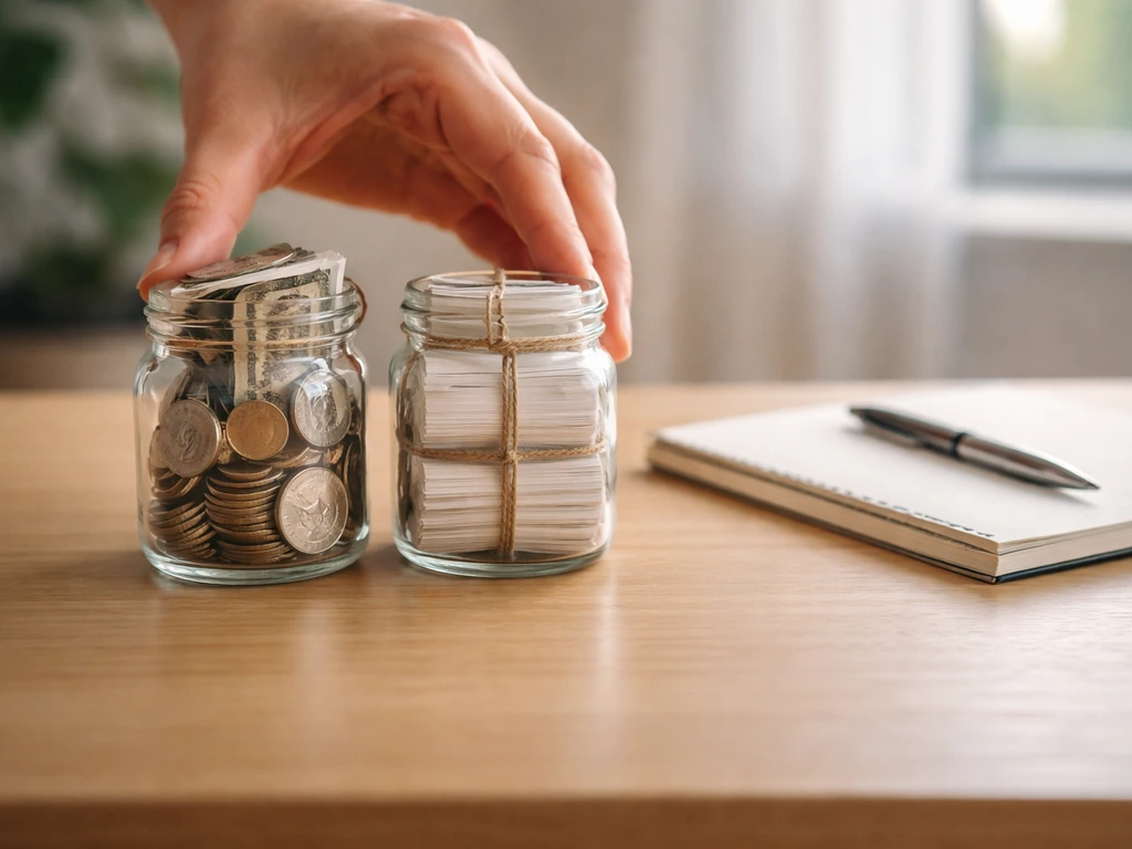 Close photo of two blank glass jars on a desk with coins and tied cards symbolizing assets vs liabilities.