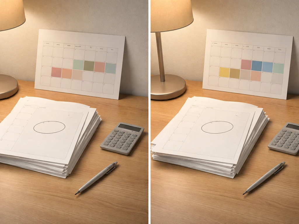 Two close-up desk scenes showing different date ranges on blank paper, suggesting different data timing