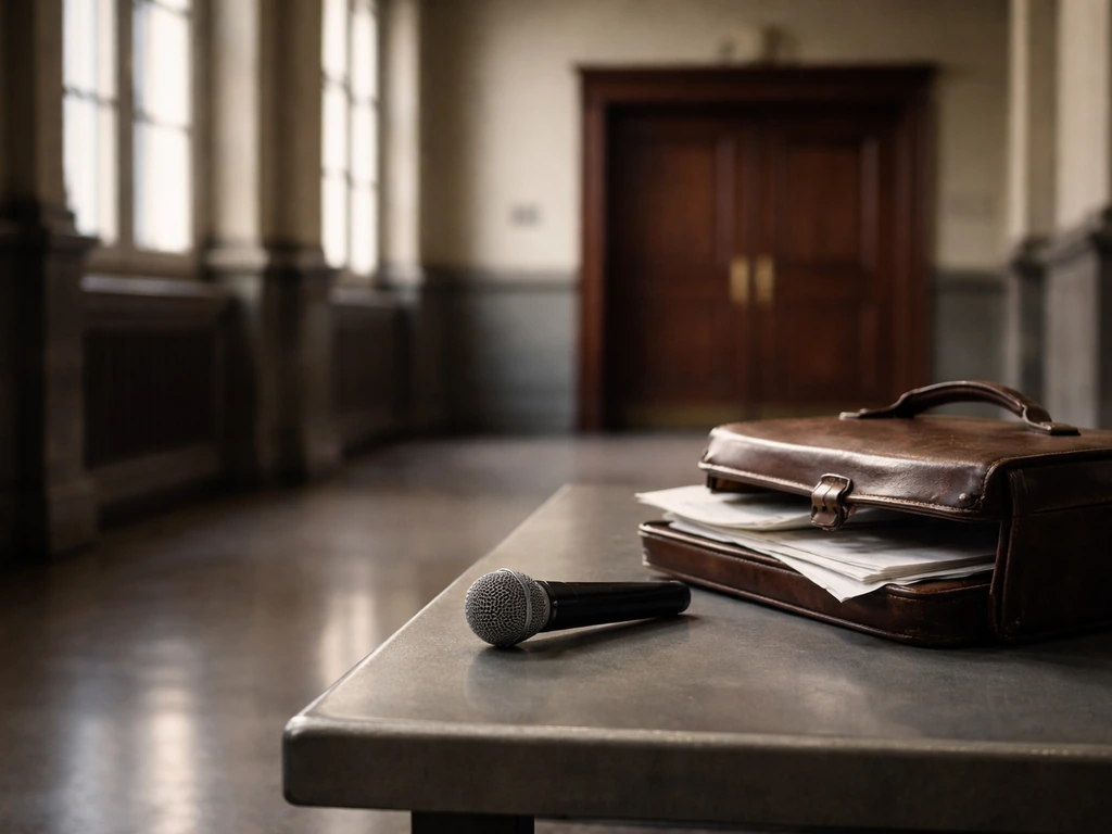 Minimal courtroom corridor scene with briefcase and microphone on a bench, symbolizing legal media scrutiny.