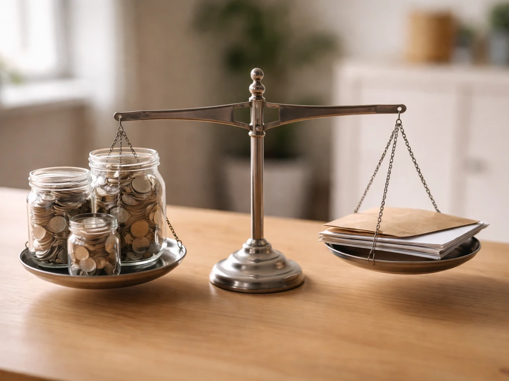 Minimal desk scene with coins in jars on a balance scale and an envelope suggesting assets vs liabilities
