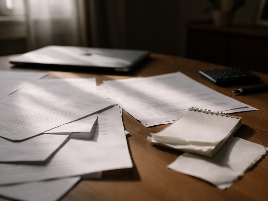Minimal desk scene with scattered papers, calculator, and closed laptop suggesting uncertain information