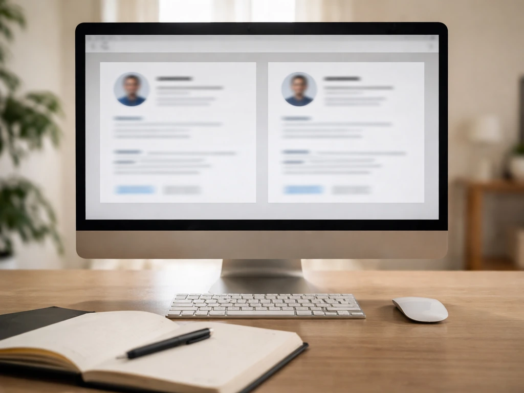 Two anonymous LinkedIn-style profile cards on a screen beside a notebook and pen, symbolizing verifying identity.