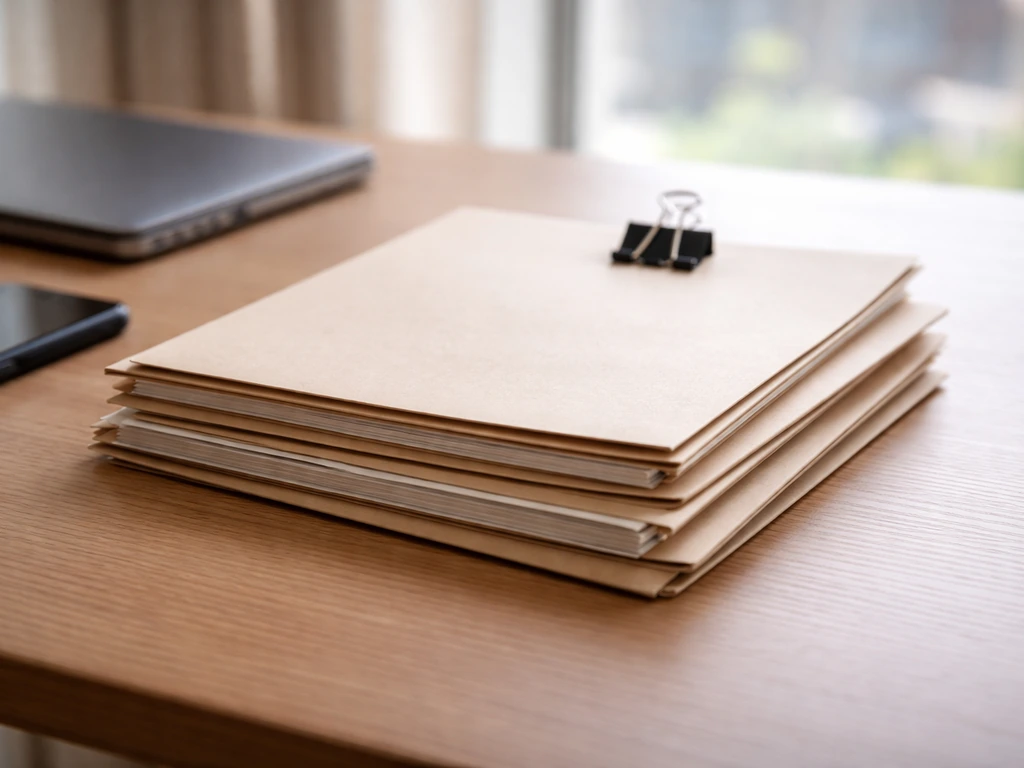 Close-up of a minimal desk with blank document folders stacked as evidence for a net-worth estimate.
