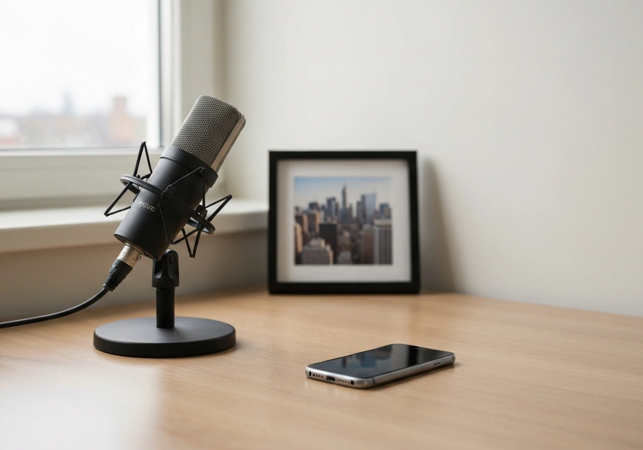 Minimal office desk scene with a microphone and smartphone beside a framed city view, symbolizing an actor’s profile sea