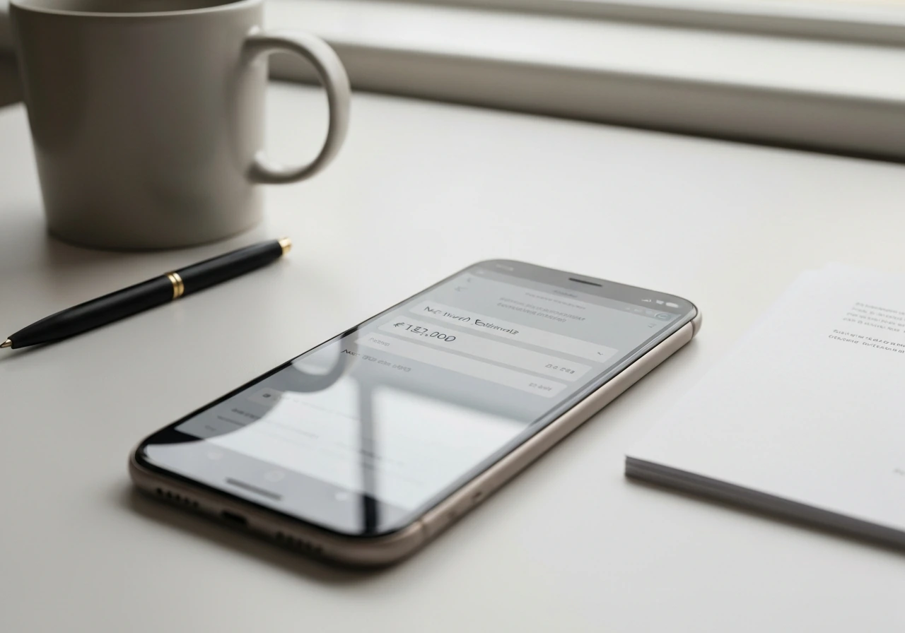 Minimal desk scene with a smartphone and printed page showing a generic wealth-estimate style layout.