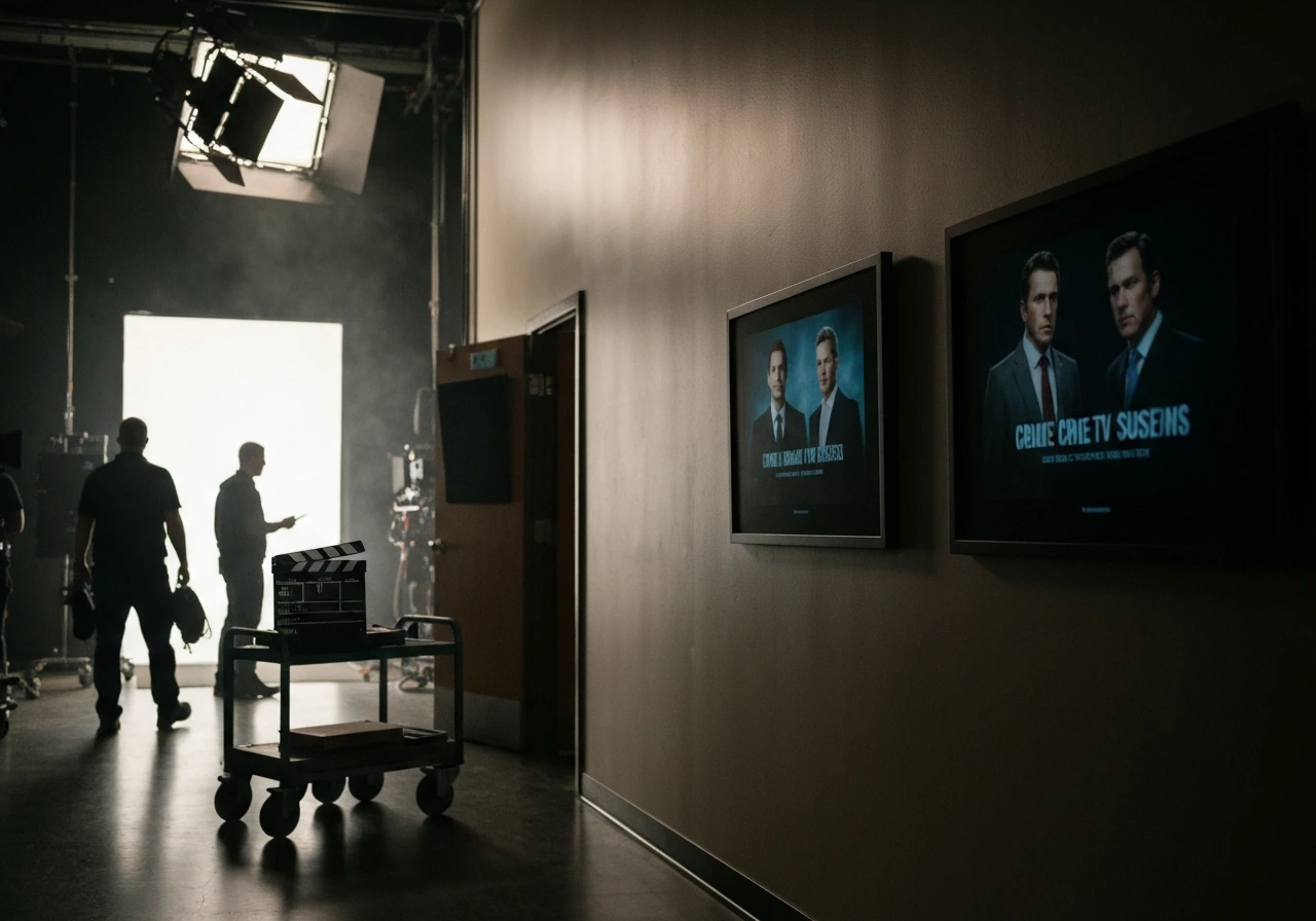 TV production hallway with a film slate and blurred drama imagery suggesting recurring guest roles