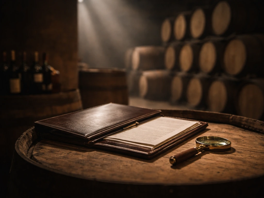 Elegant wine cellar scene with barrels, a portfolio, and a magnifying glass for source verification.