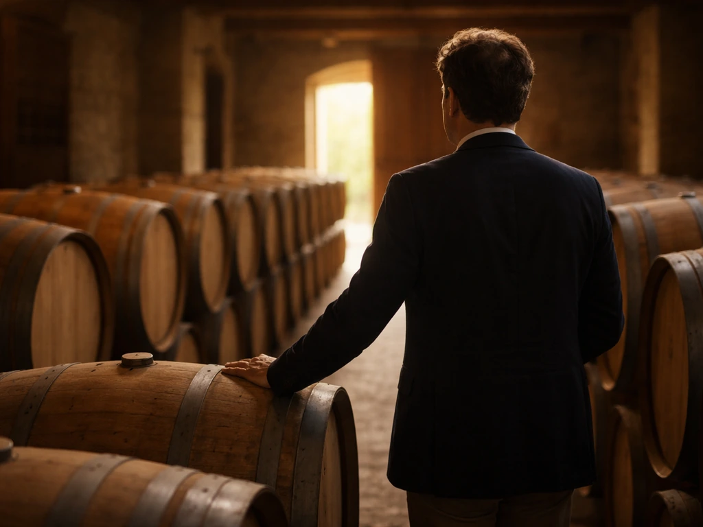 Wine cellar leadership scene with polished barrels, warm light, and a businesslike atmosphere