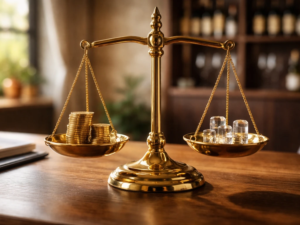 Minimal photo of a brass balance scale with coins and crystal weights on a wooden desk, symbolizing a wealth range.