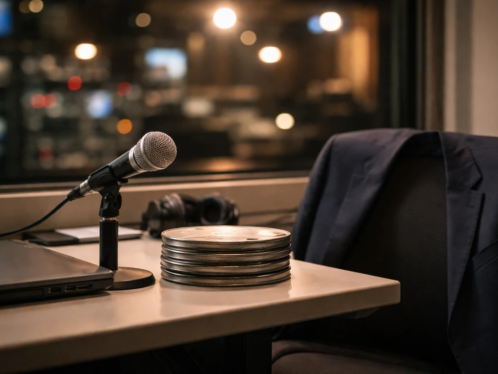 TV studio desk with microphone and film reels, symbolizing an actor’s career and public net-worth curiosity.
