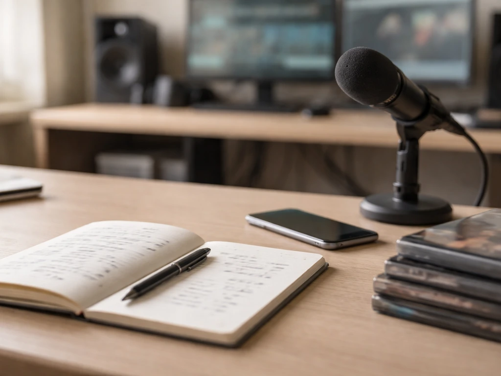 Minimal media office desk with blurred film credits list, microphone, and stacked film cases symbolizing income estimate