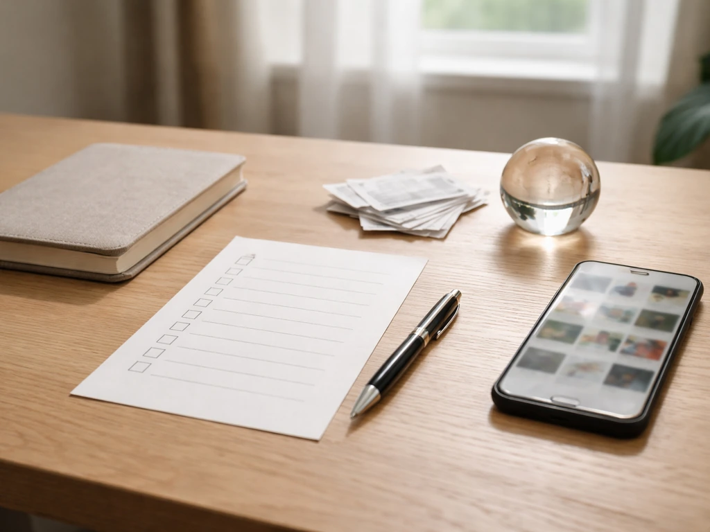 Minimal desk scene with a smartphone, checklist, and receipts symbolizing source cross-checking