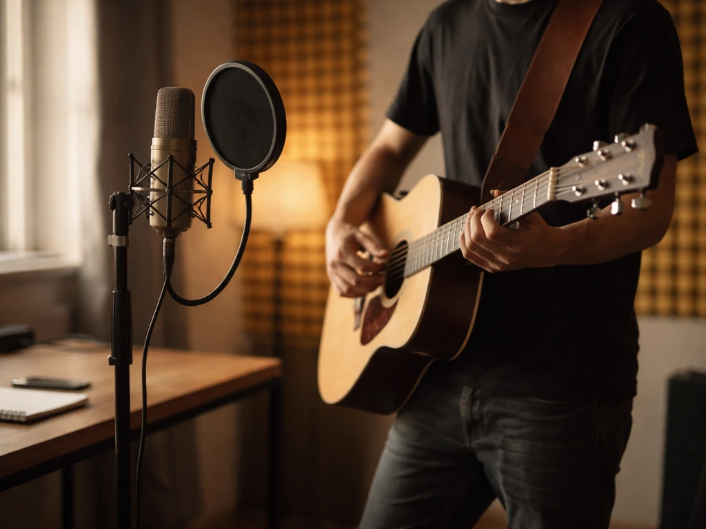Minimal studio scene with an anonymous singer holding a guitar, conveying independent music income vibe.