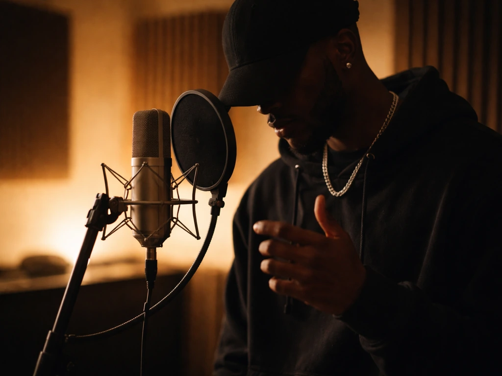 Music studio scene with an anonymous performer near a microphone and warm lighting