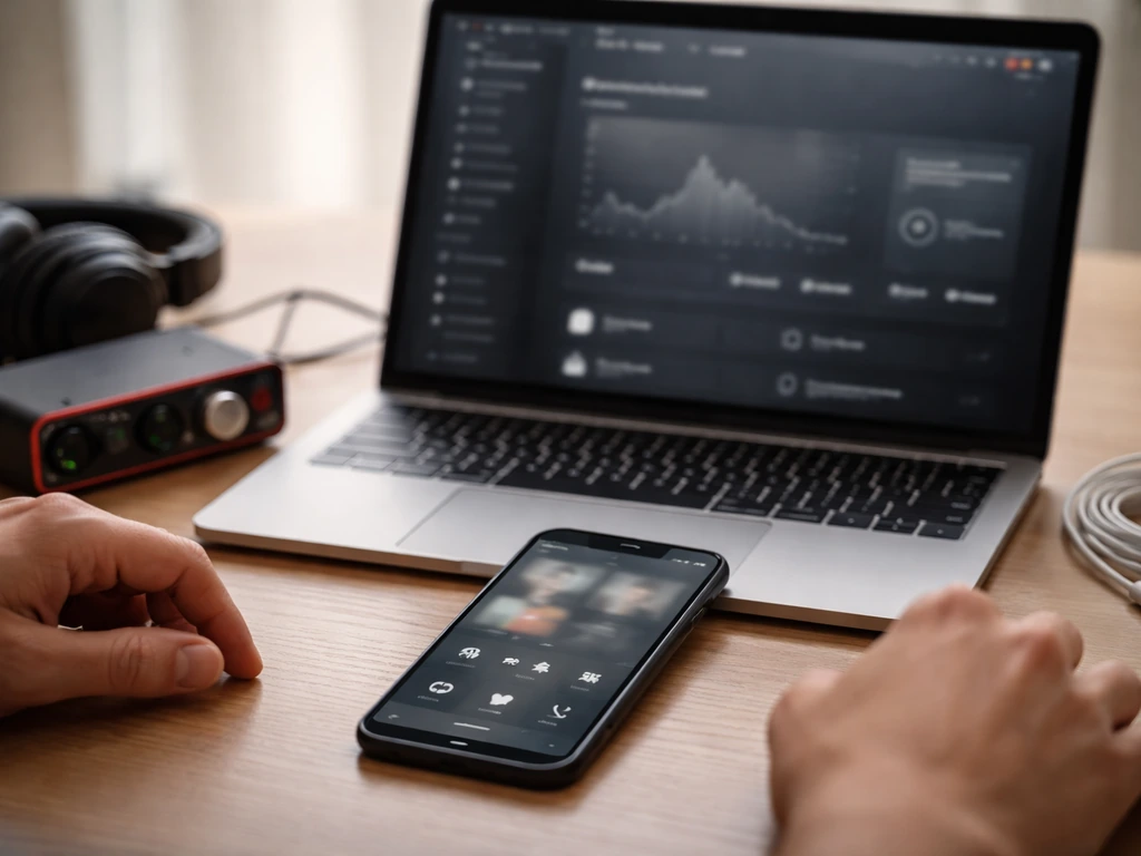 Close-up of a smartphone and laptop showing blurred music streaming royalty controls with no readable text.