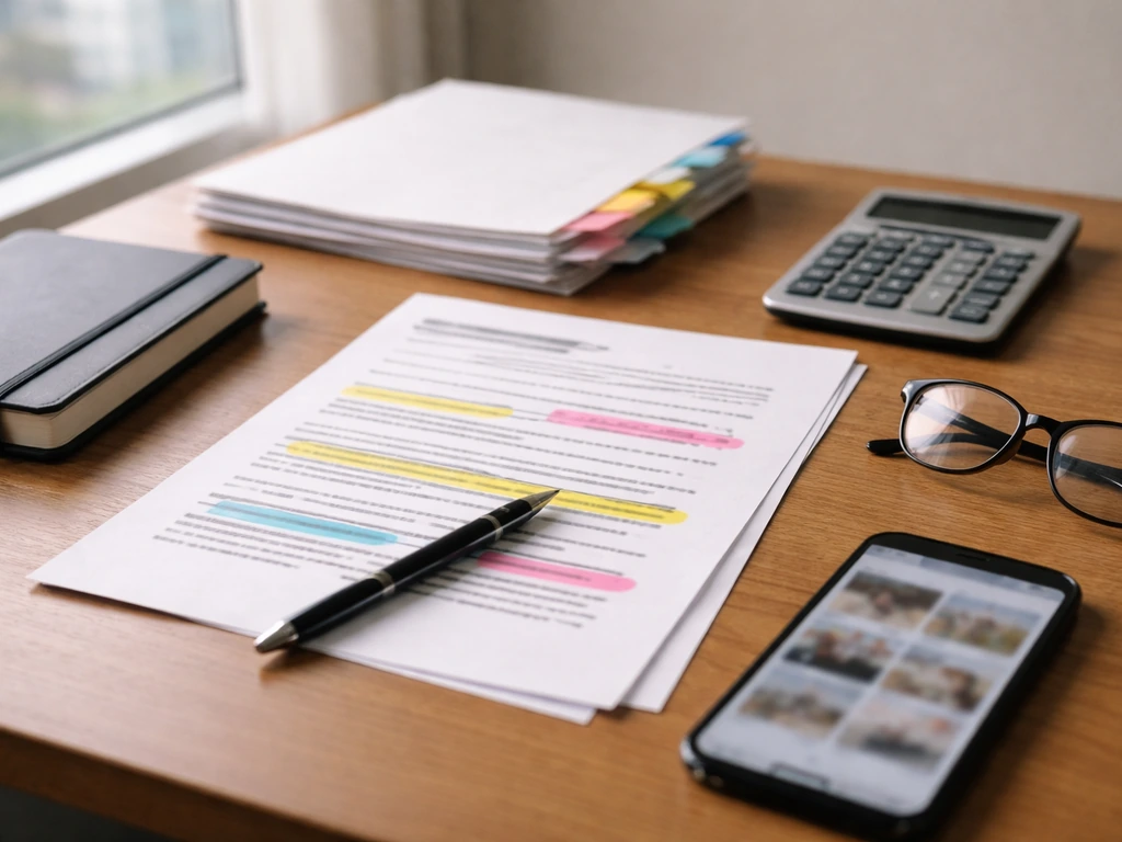 Minimal office desk with paperwork, calculator, and smartphone showing unrelated financial tabs; DIY verification theme