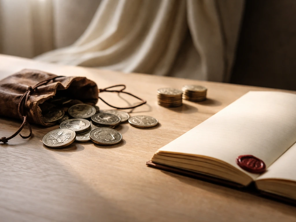 Roman-style coins on a desk with blank ledger and wax seal, showing uncertain value.