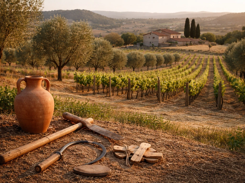 Minimal Roman countryside scene with olive and vines, farm tools, and provincial agricultural wealth atmosphere.