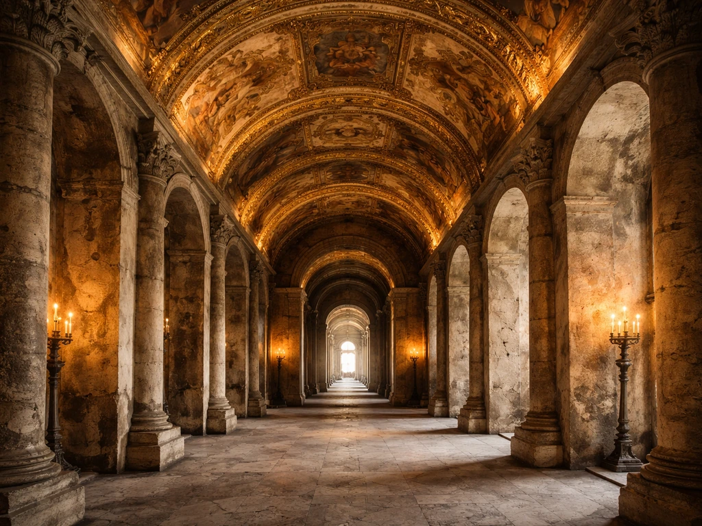 Ancient Domus Aurea interior with arched openings, gilded details, and warm light in Rome.