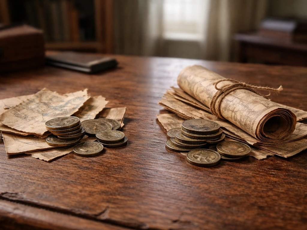 Two contrasting piles of coins, parchment scraps, and maps on a desk showing different estimate pathways.