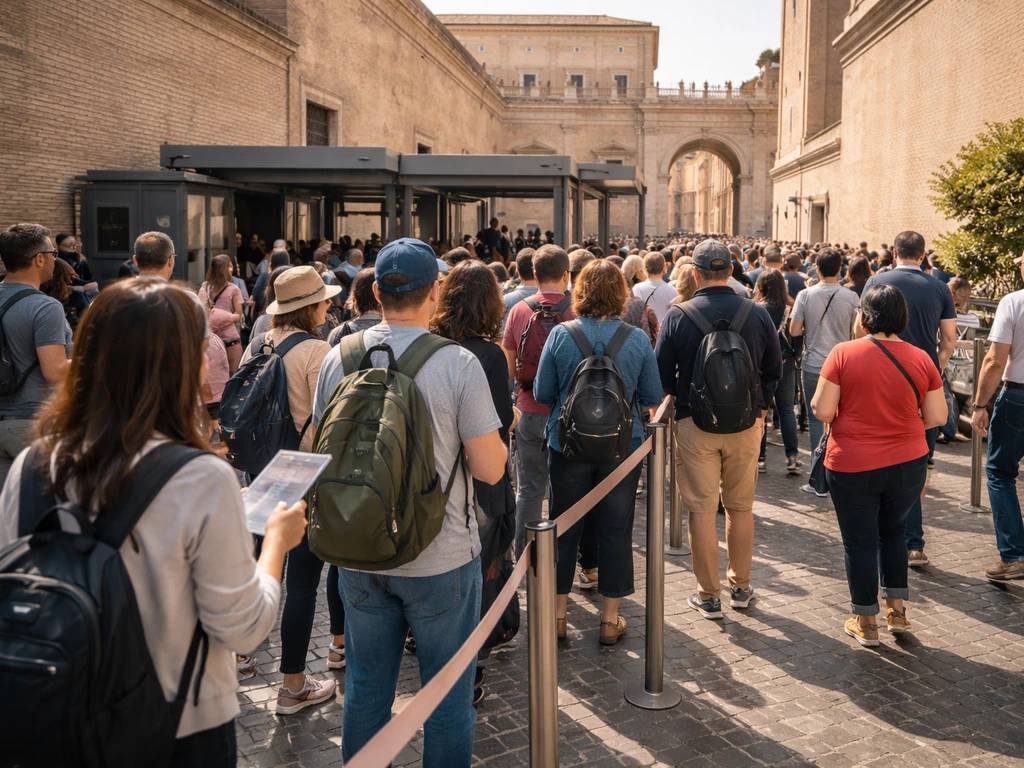 Crowd queue at Vatican Museums entry area near the Sistine Chapel, with tickets and Vatican architecture in view.