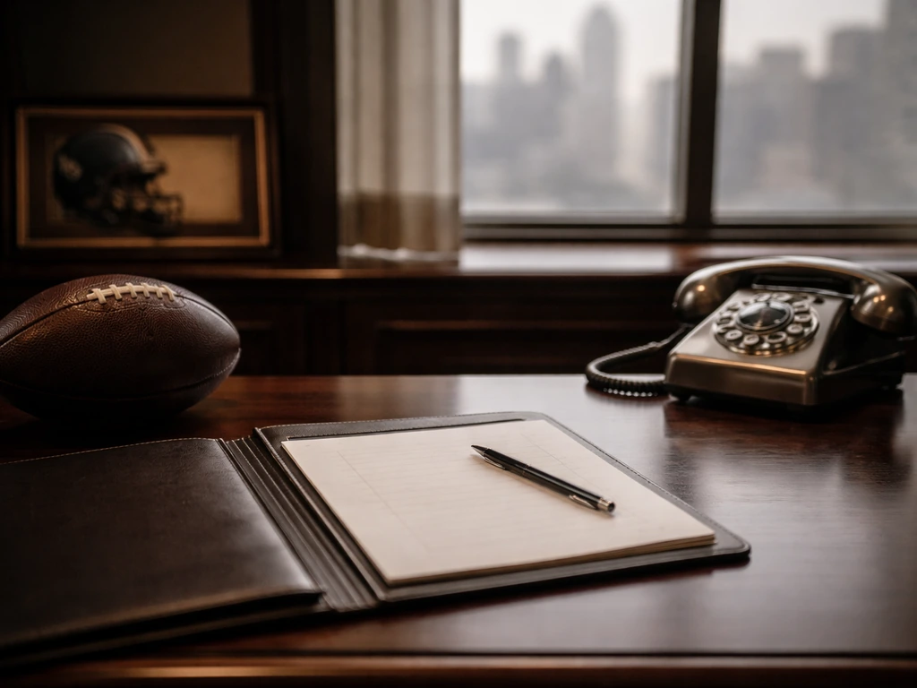 Empty NFL front-office desk with football memorabilia and city skyline, symbolizing a Giants GM era role.