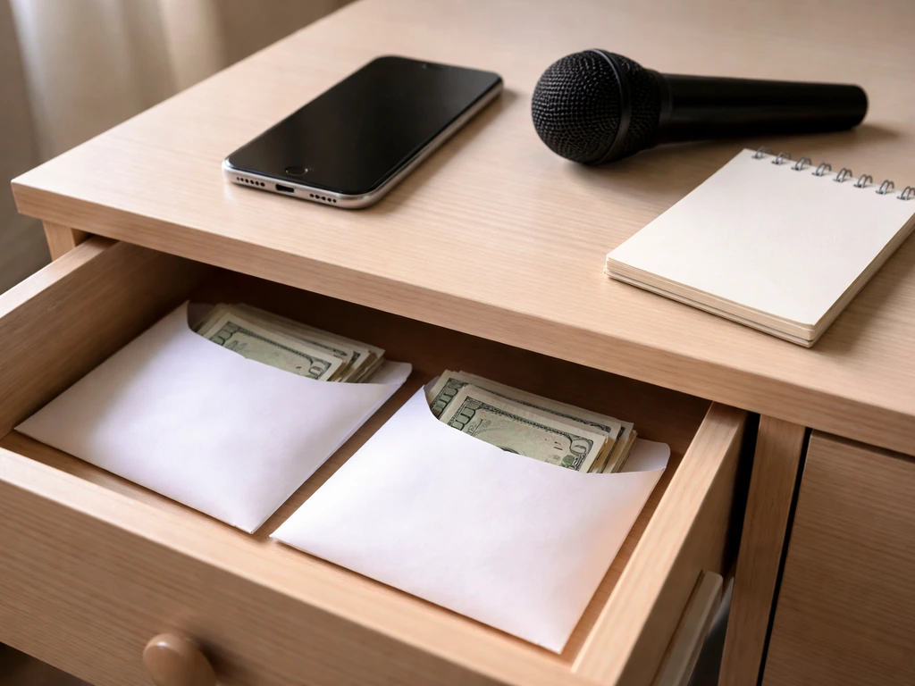 Two cash envelopes on a desk beside a dark phone screen and microphone, suggesting differing wealth calculations.
