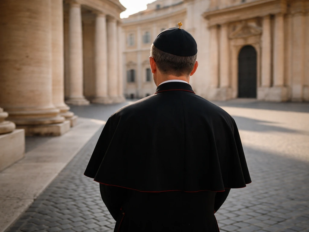 Vatican courtyard with a solitary clerical figure in black, symbolizing Pope Benedict XVI’s public role