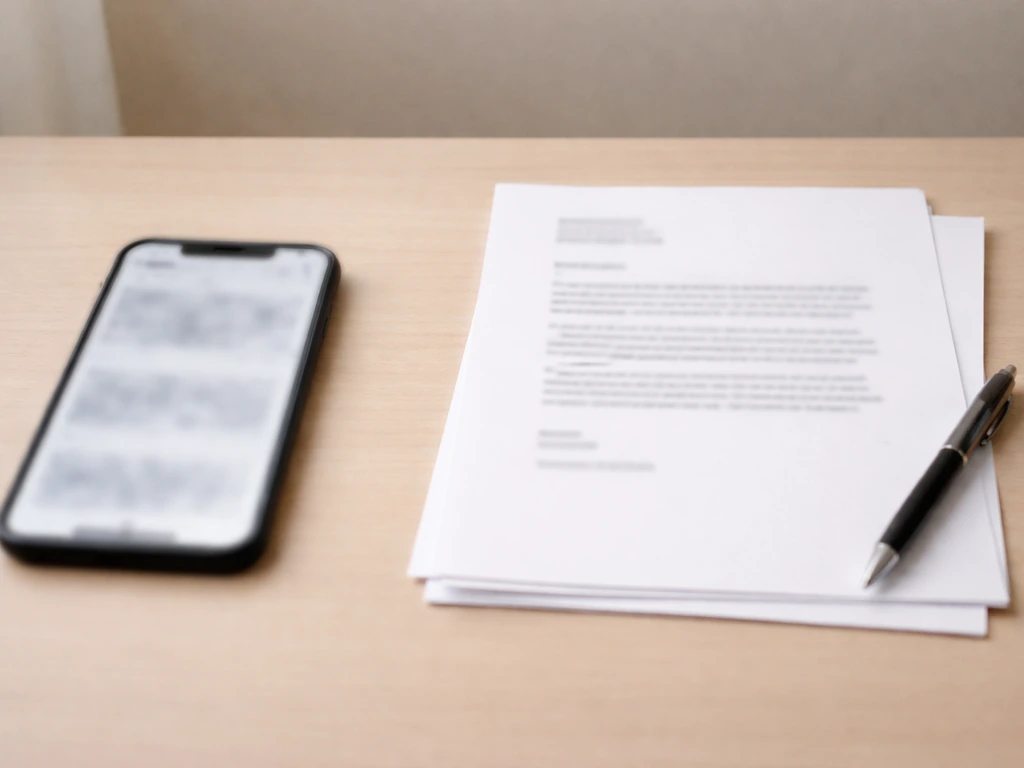 Smartphone with blurred web imagery next to a printed document on a desk, contrasting claim vs verification.