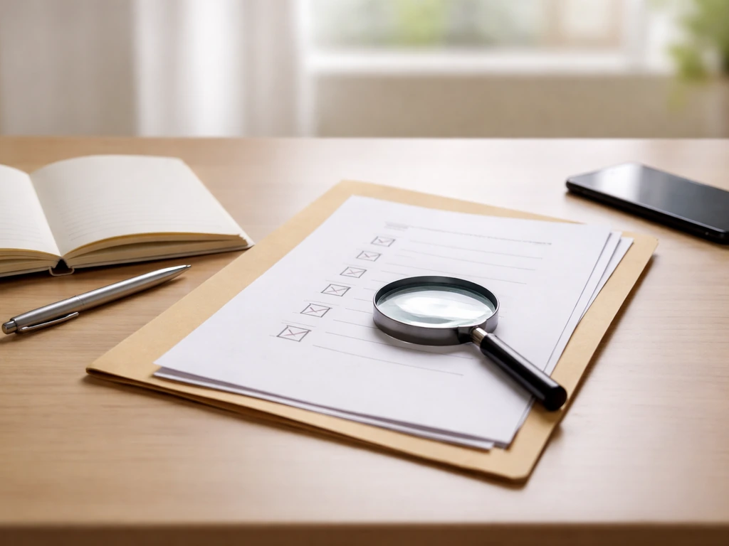 Desk with notebook, printed page, magnifying glass, and check marks symbolizing estimate validation.