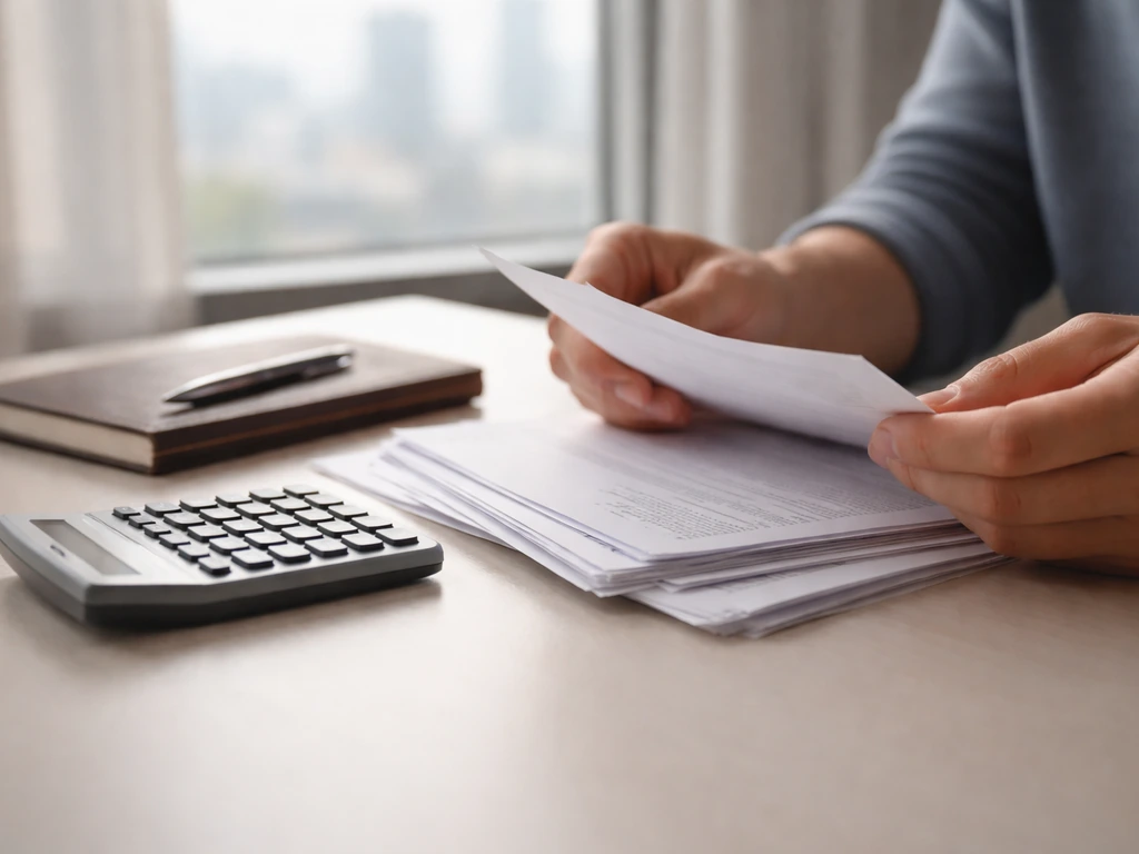 Anonymous hands reviewing financial documents and using a calculator at a minimal desk with natural light.