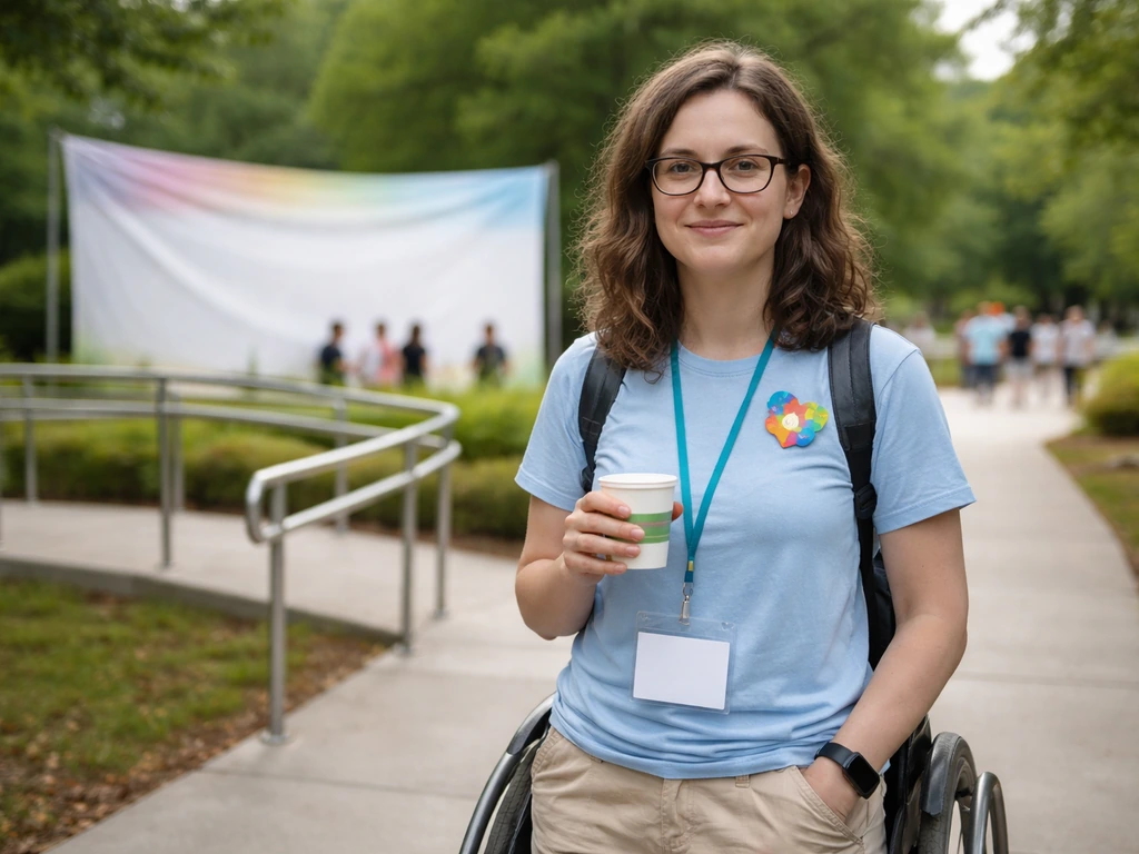 Outdoor public event scene with a subtle Special Olympics–style banner backdrop, suggesting advocacy