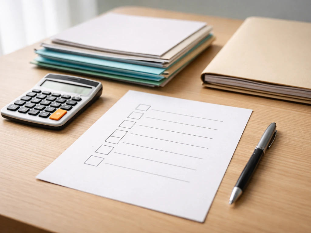 Tabletop with stacked documents, a calculator, and a blank assets checklist page showing net-worth estimation.