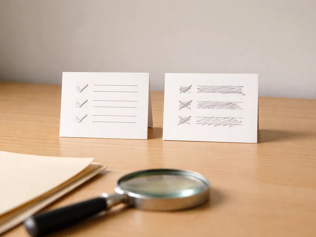 Desk with two side-by-side source cards, magnifying glass, showing credible vs low-authority cues.