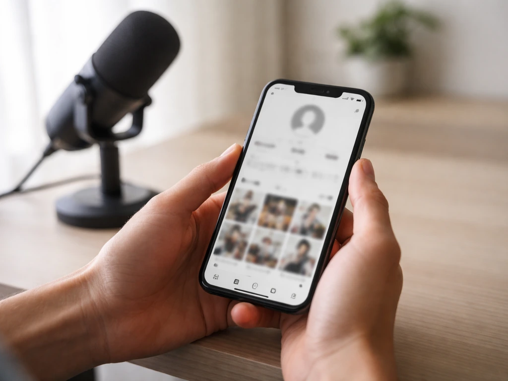 Minimal desk scene with a smartphone displaying a TikTok-style profile screen, evoking an influencer identity.