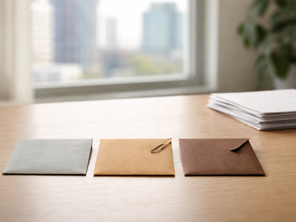 Minimal office scene with three envelopes representing low, likely, and high net-worth ranges