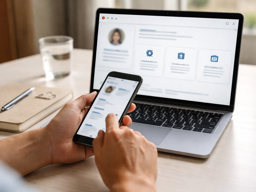 Hands checking social media activity on a smartphone and laptop at a quiet desk, blurred UI, no readable text.