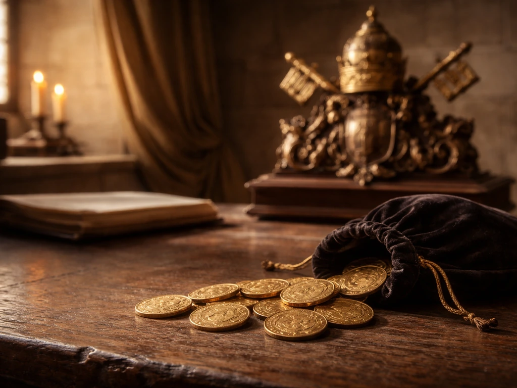 Renaissance-style desk with gold ducats and a carved papal insignia in a dim Vatican-like room
