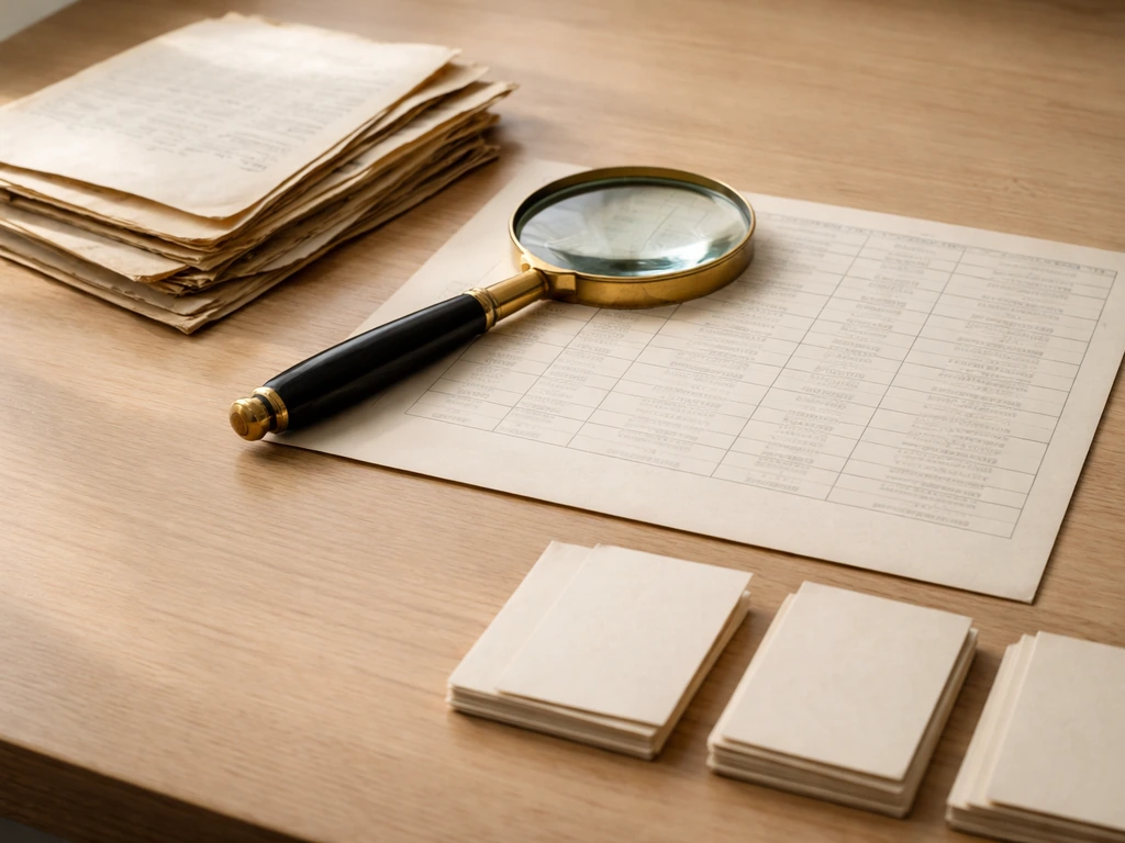Close-up of aged letters, magnifying glass, and blurred conversion notes on a light wood desk.