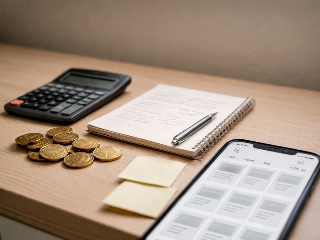 Minimal desk scene with scattered currency and a smartphone showing varying estimate tiles from generic sites
