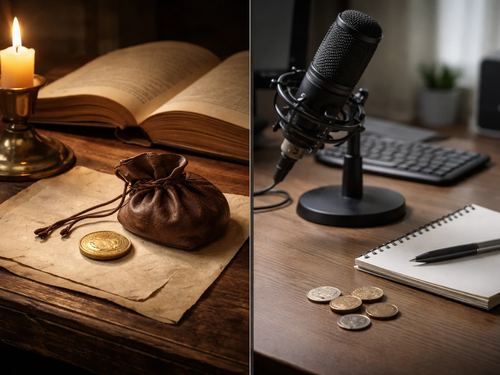 Split desk scene: coins and pouch beside a studio mic and coins, symbolizing two different net-worth estimates.