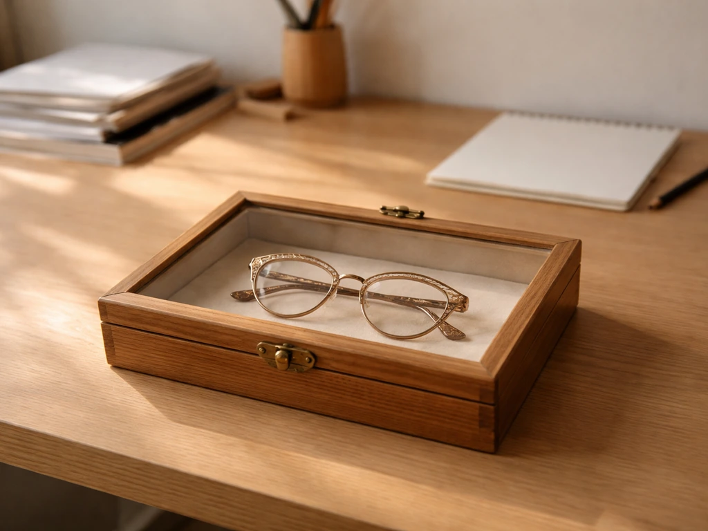 Vintage eyeglass frames on a wooden studio desk, symbolizing design and innovation connected to Altina Schinasi.