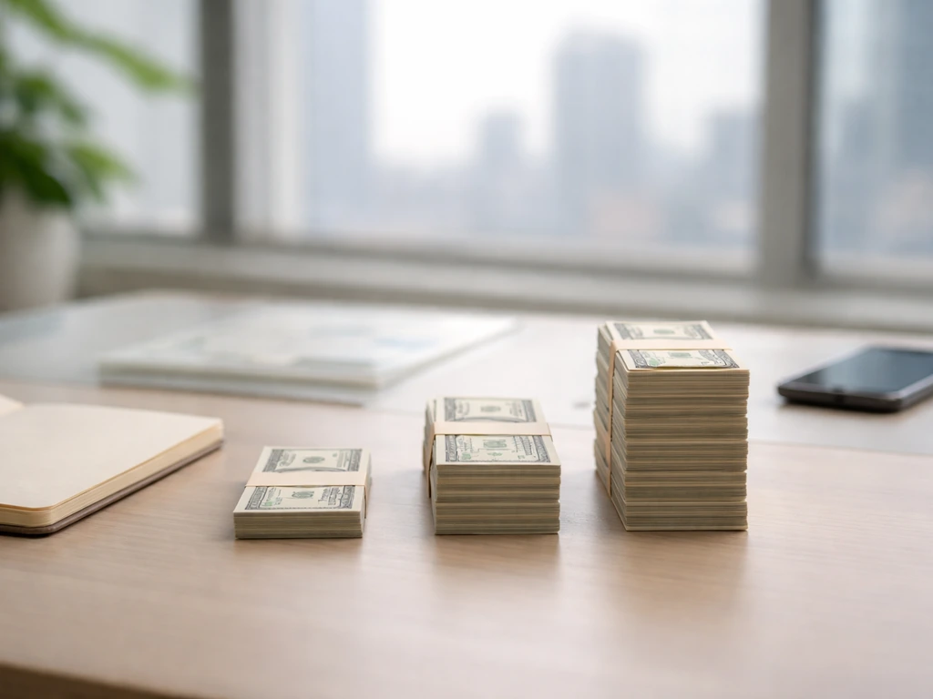 Calculator and cash stacks on a desk with blurred office windows, symbolizing low-to-high net worth estimates.